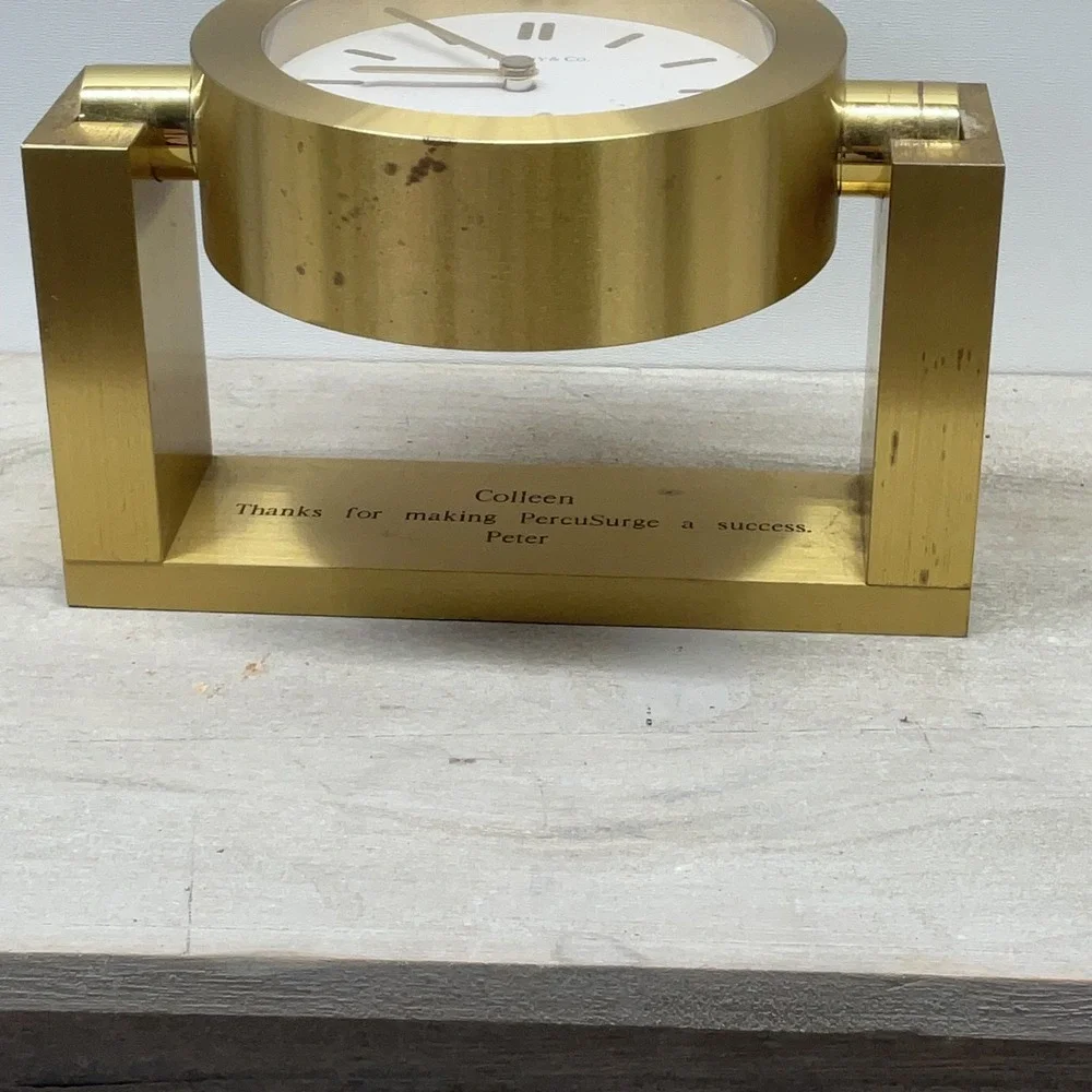 Tiffany & Co Swiss Made Brass Gimbal Desk Clock Gold Tone Swivel Office Decor